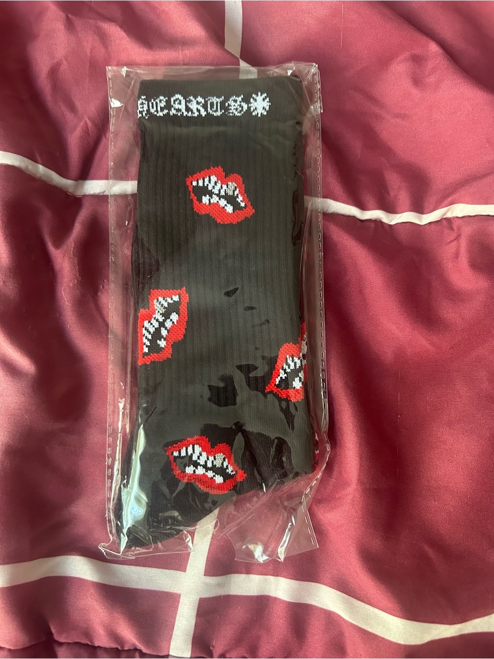 Black Novelty Socks with Red Lip Print